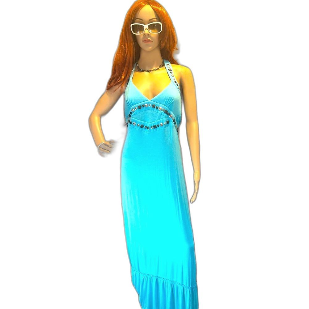 2B bebe maxi aqua dress halter top low back skirt bottom soft flowing NWT  XS